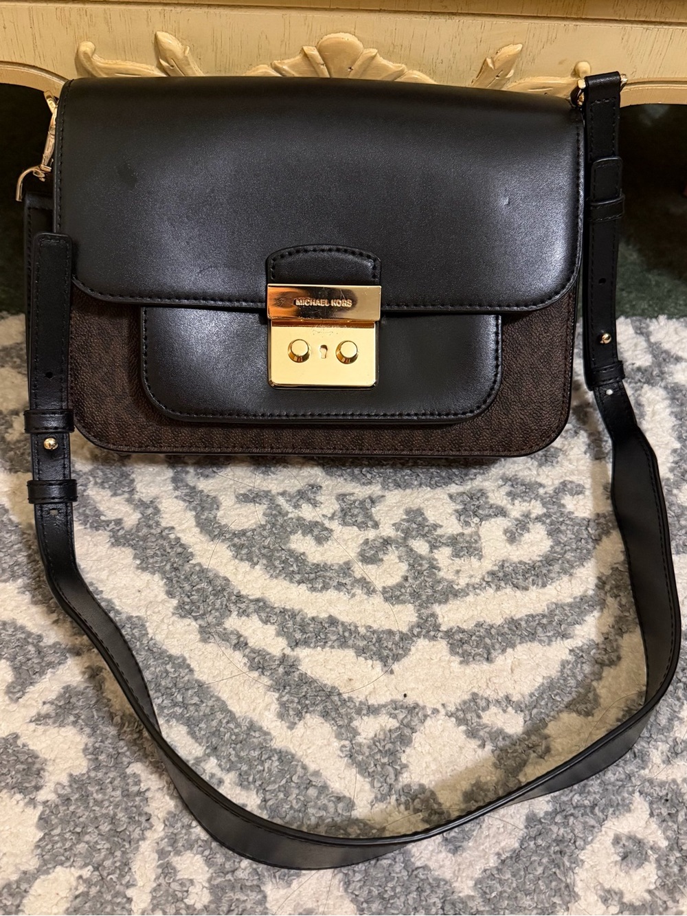 Michael Kors Black and Brown Signature Leather Crossbody with Gold Hardware